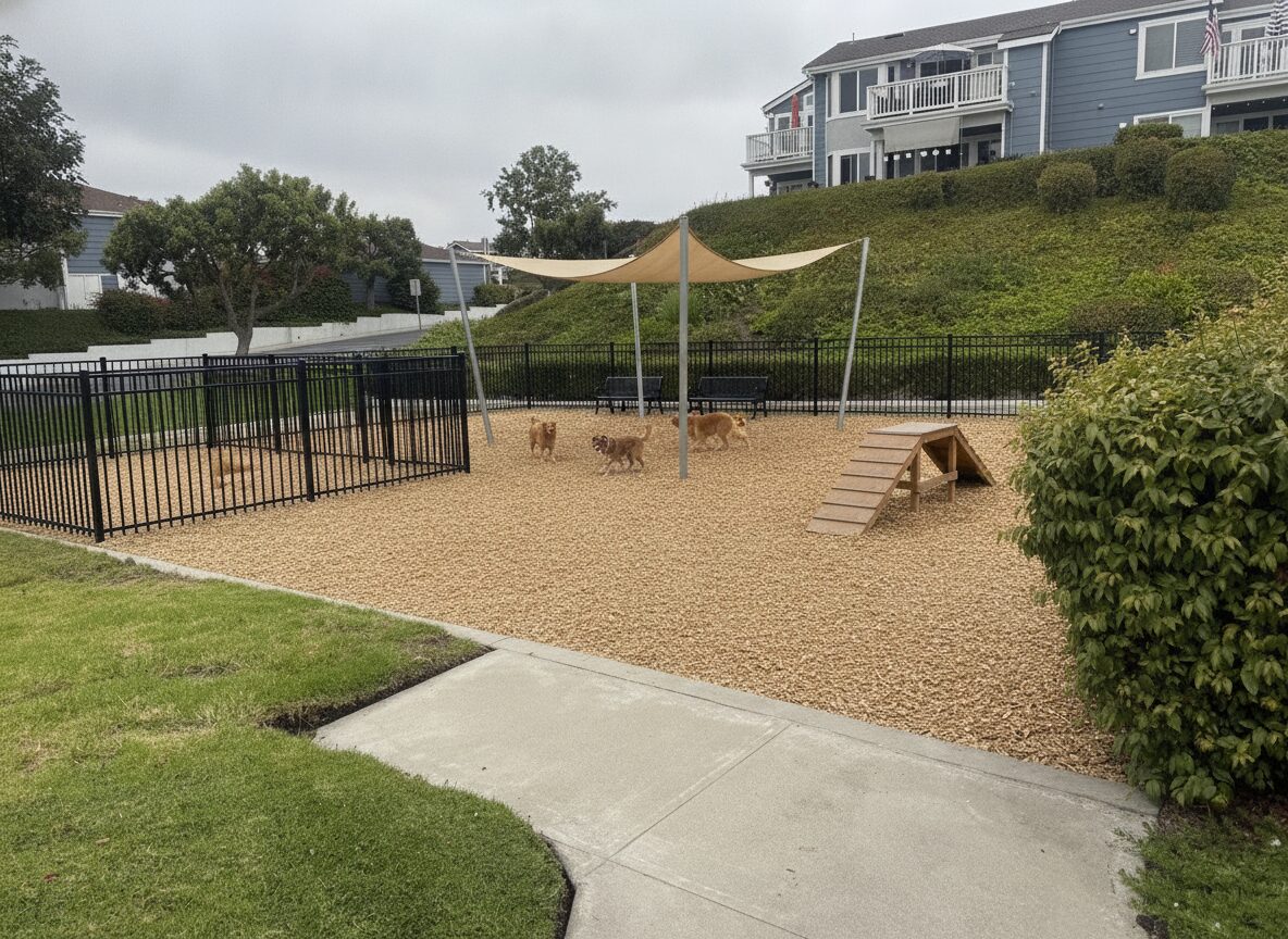 Dog park vision with shade sail and agility ramp